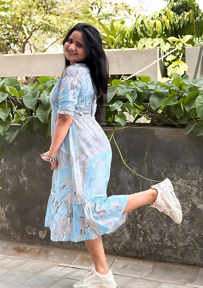 Aqua Printed Rayon Dress - Indya