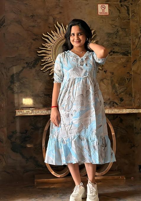 Aqua Printed Rayon Dress