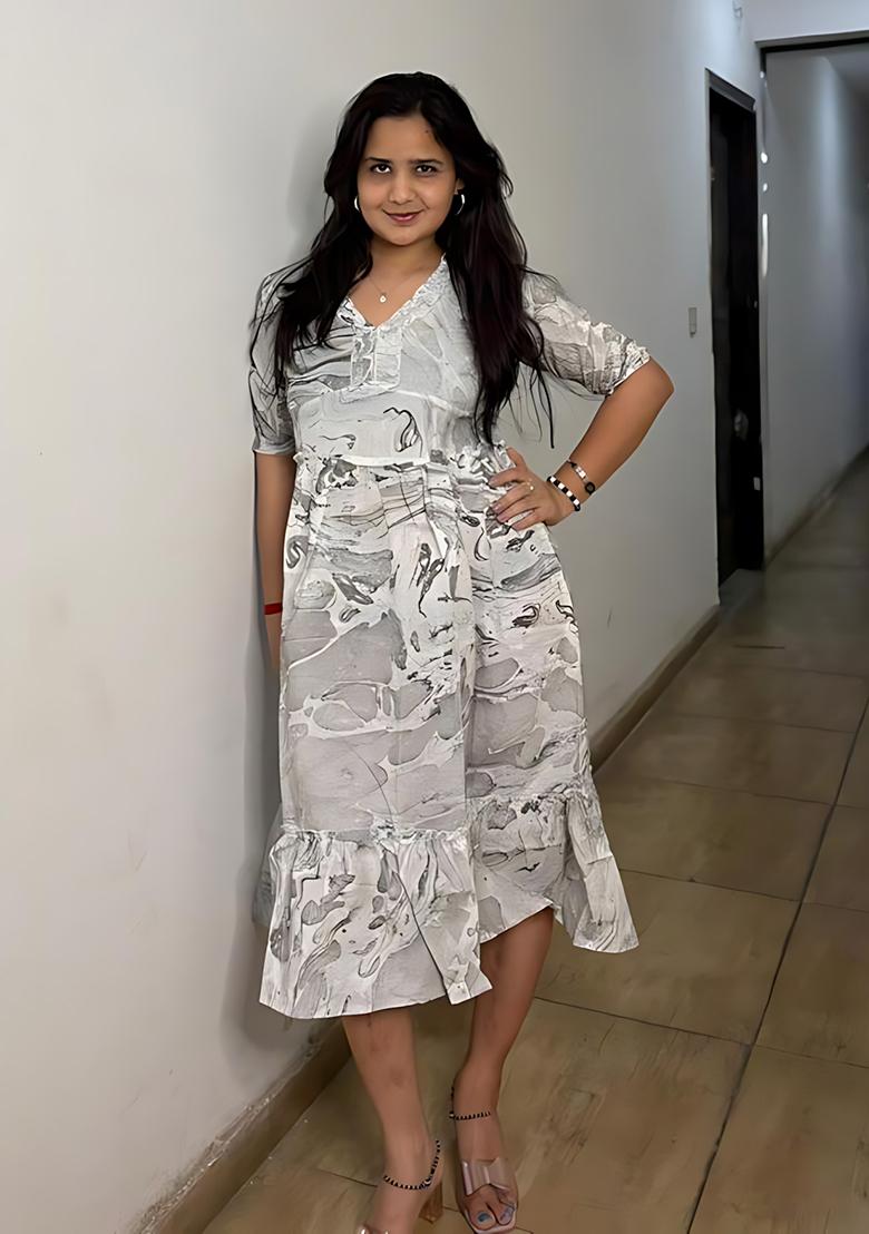 Grey Printed Rayon Dress - Indya