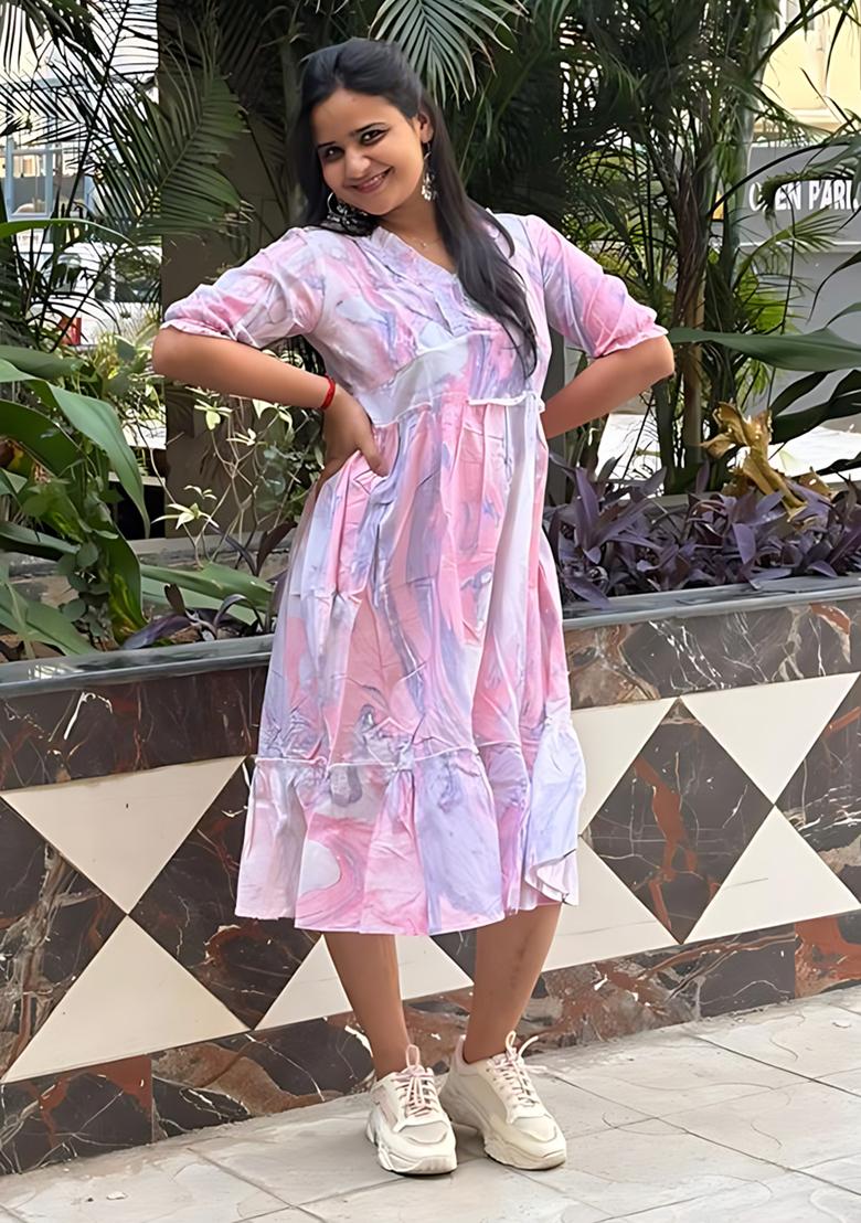 Pink Printed Rayon Dress - Indya