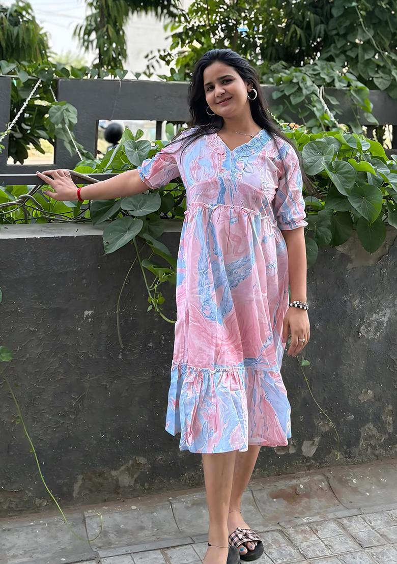 Pink Printed Rayon Dress - Indya