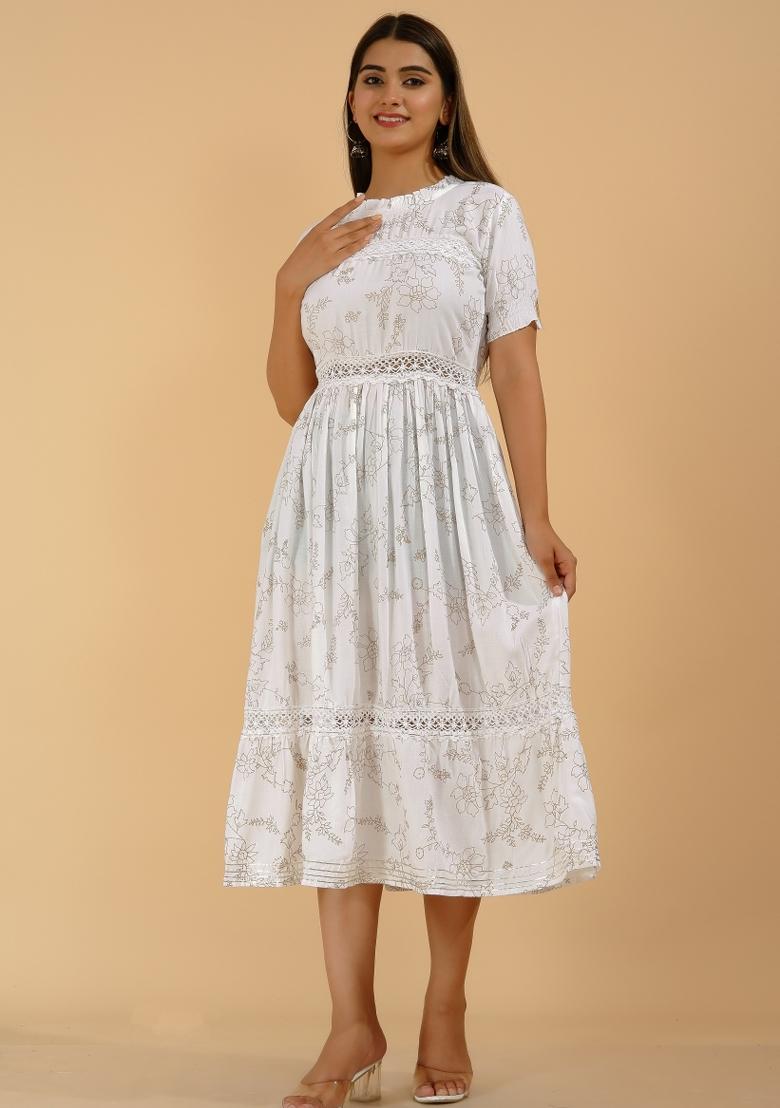 White Printed Rayon Dress - Indya