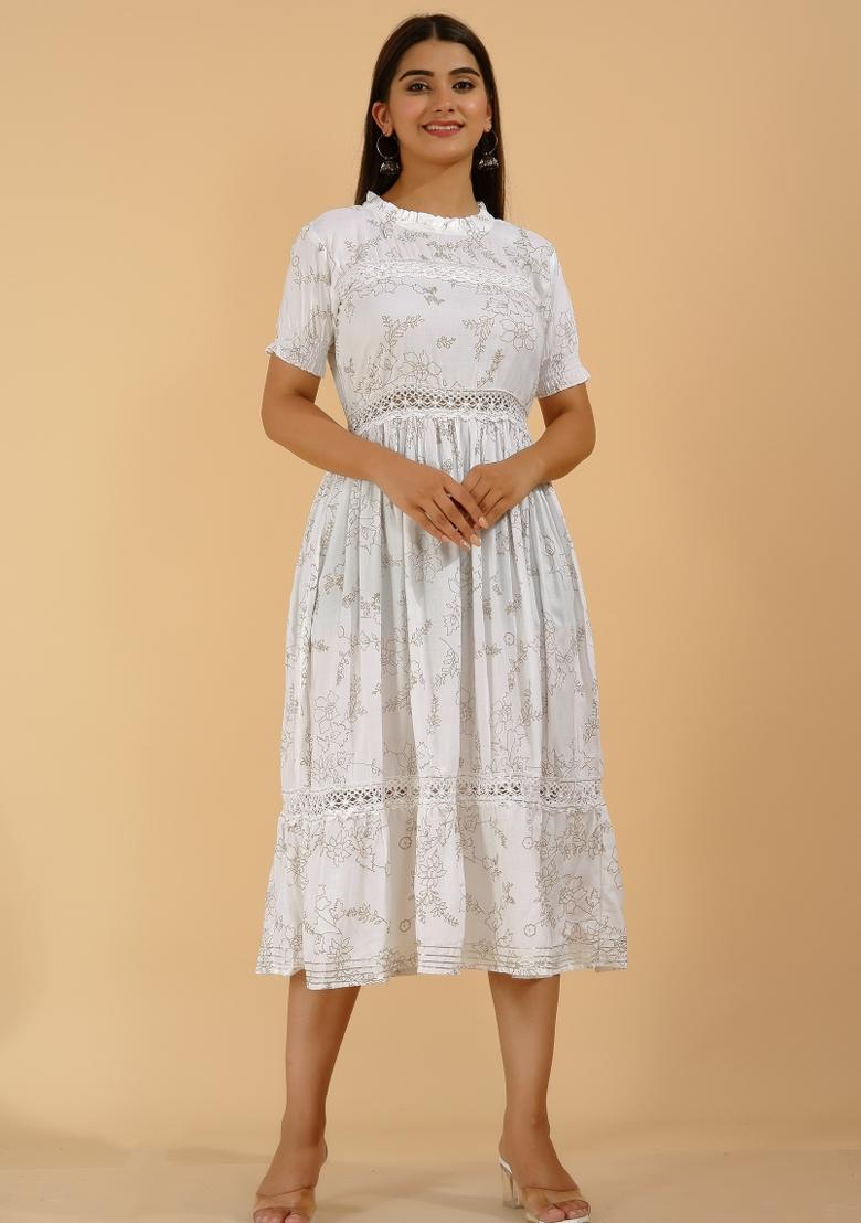 White Printed Rayon Dress - Indya