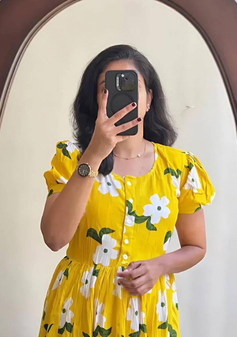 Yellow Floral Print Rayon Dress - Indya