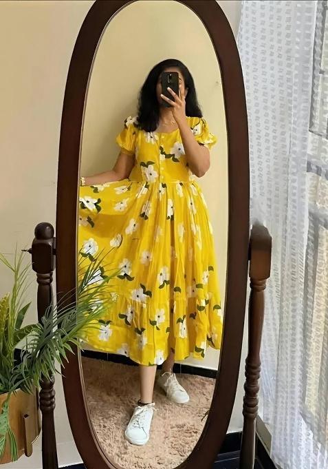 Yellow Floral Print Rayon Dress