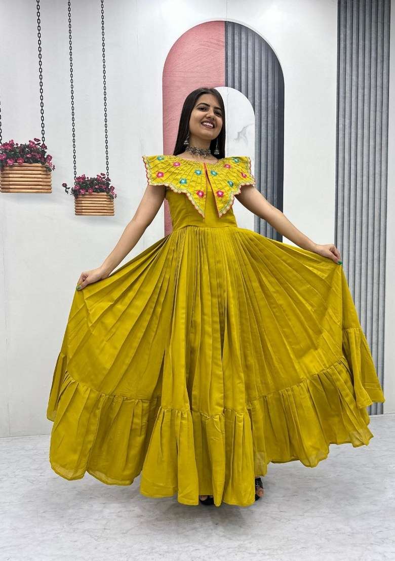 Lemon Yellow Embroidered Roman Gown - Indya