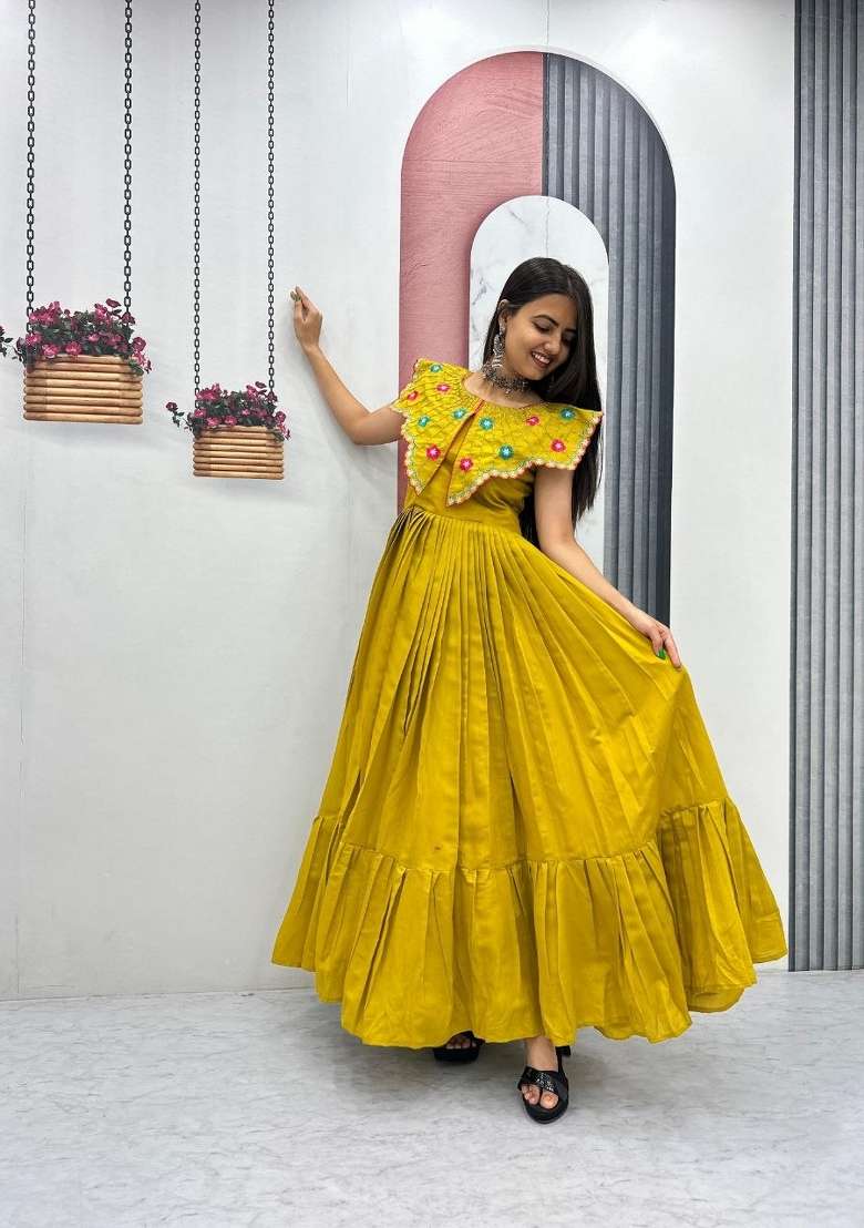Lemon Yellow Embroidered Roman Gown - Indya