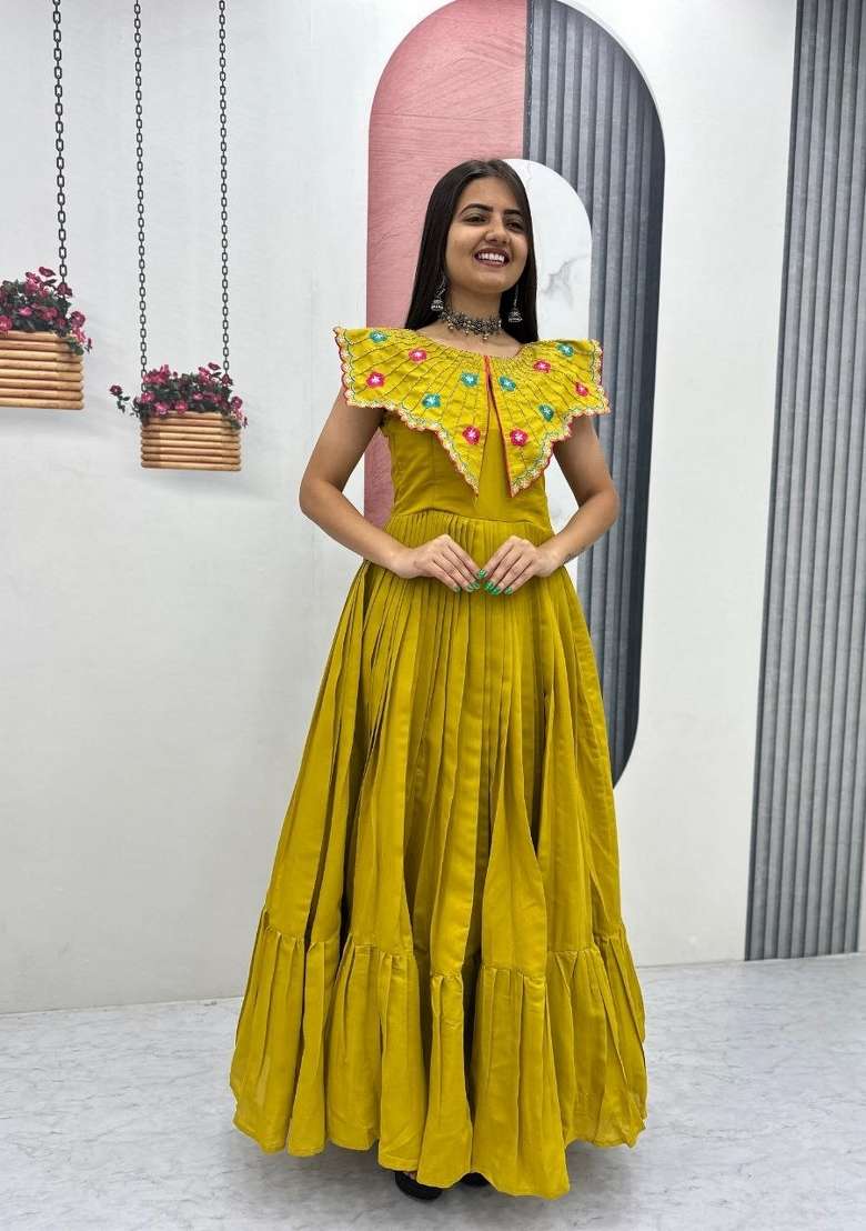 Lemon Yellow Embroidered Roman Gown - Indya