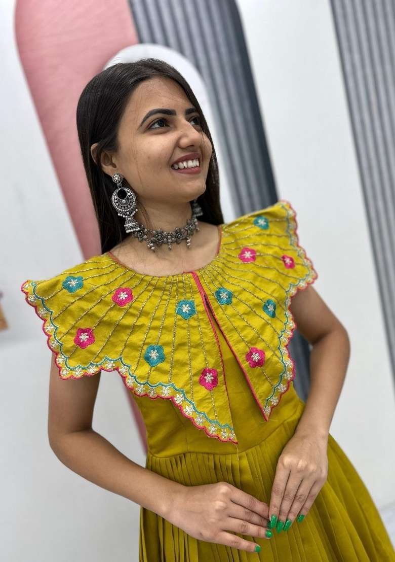Lemon Yellow Embroidered Roman Gown - Indya