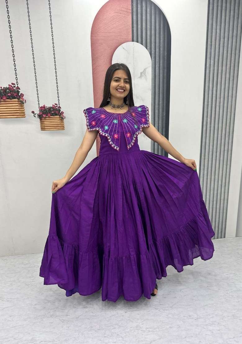 Purple Embroidered Roman Gown - Indya