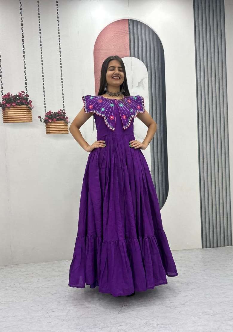Purple Embroidered Roman Gown - Indya