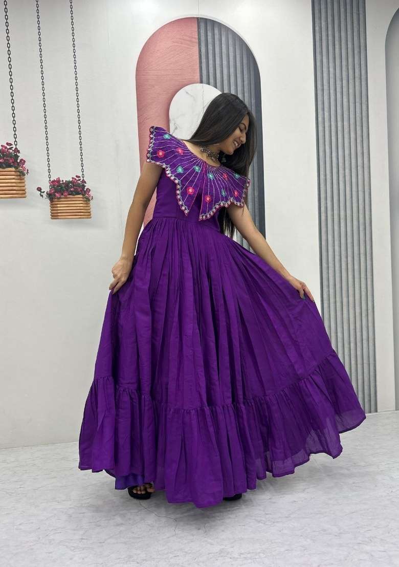 Purple Embroidered Roman Gown - Indya