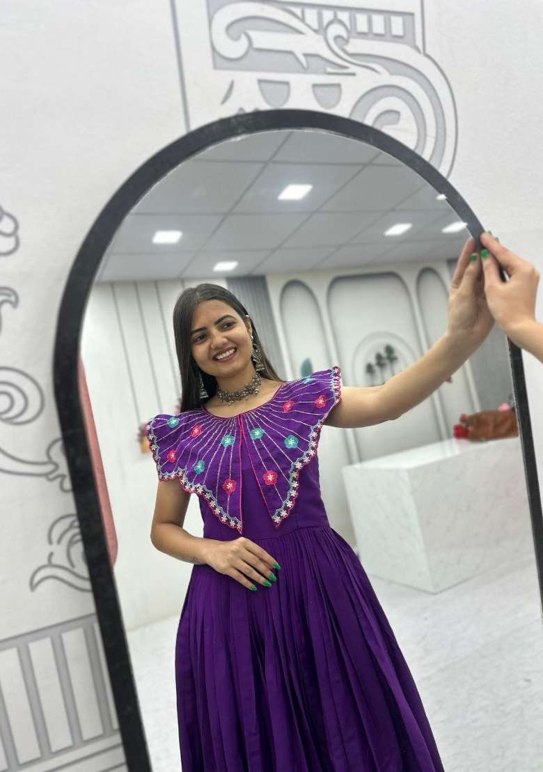 Purple Embroidered Roman Gown - Indya