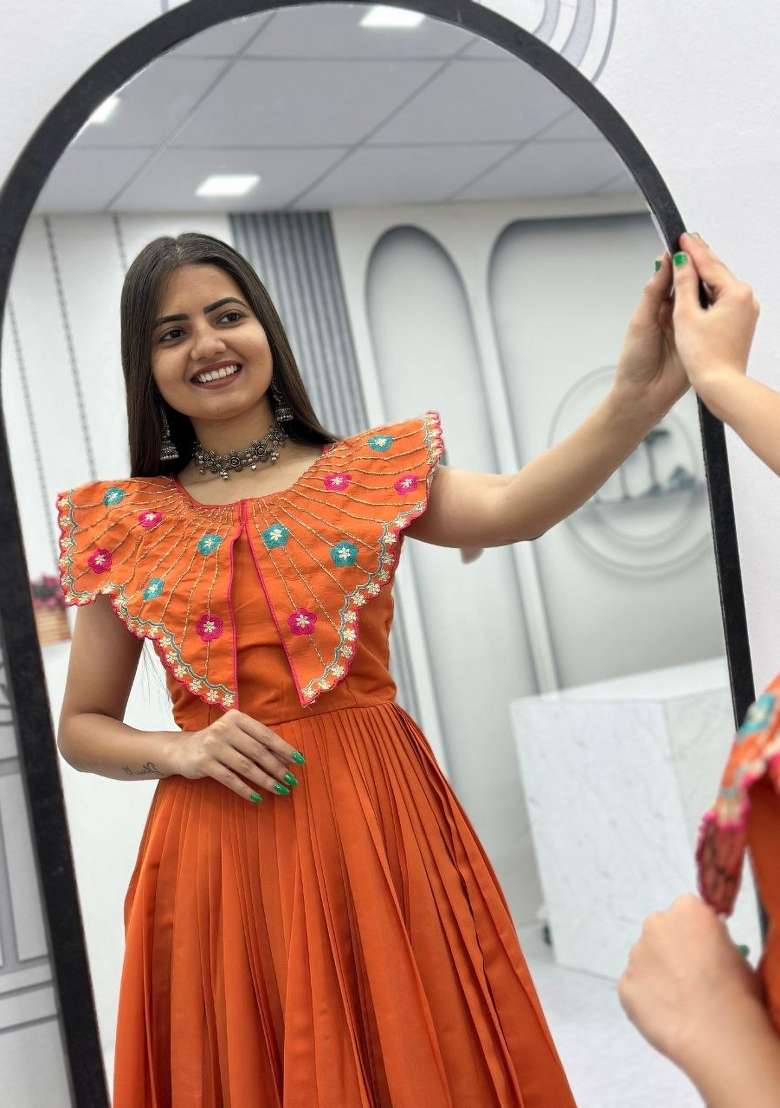 Rust Embroidered Roman Gown - Indya