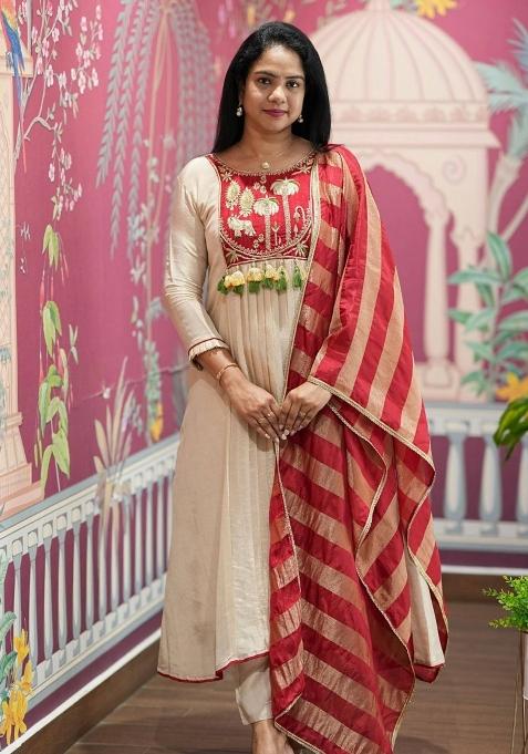 Cream Roman Anarkali Set