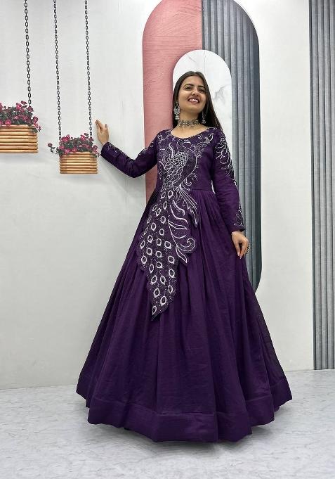 Purple Embroidered Silk Gown