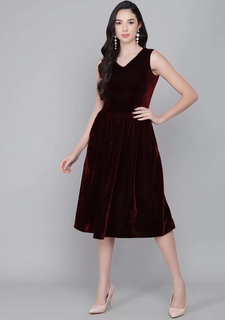 Maroon Plain Lycra Dress - Indya
