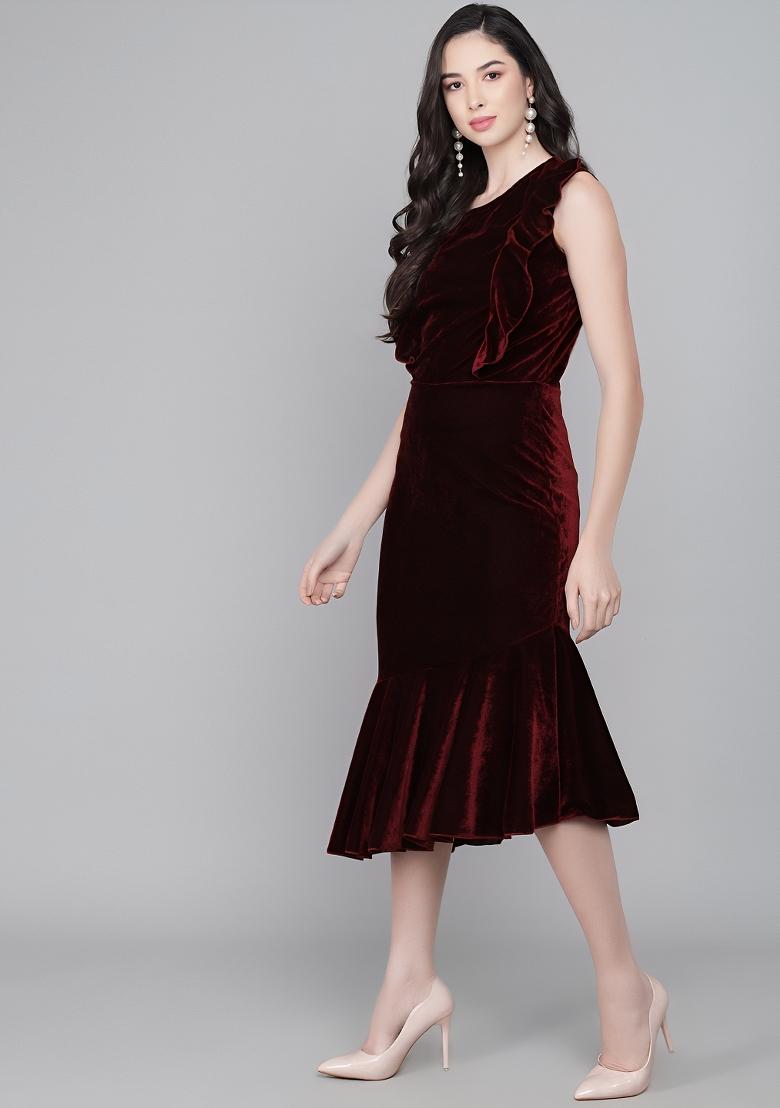 Maroon Plain Lycra Dress - Indya