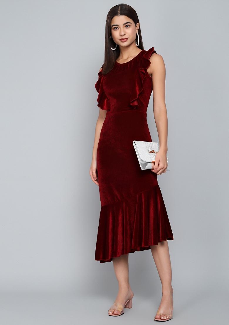 Red Plain Lycra Dress - Indya