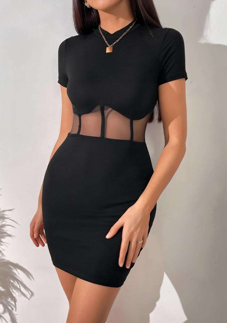 Black Plain Lycra Dress - Indya