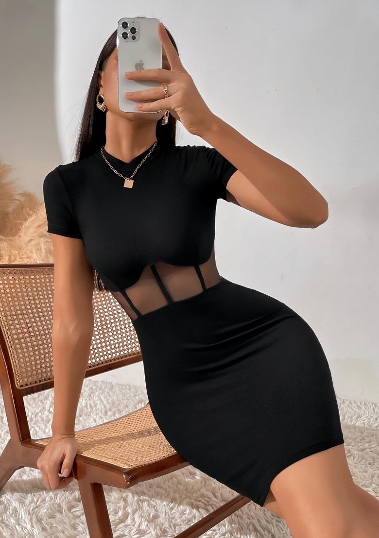 Black Plain Lycra Dress - Indya