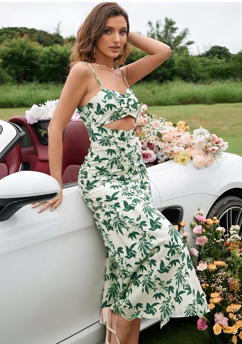 Green Printed Lycra Dress - Indya