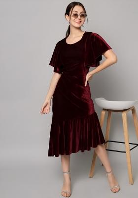 Dark Maroon Plain Velvet Dress
