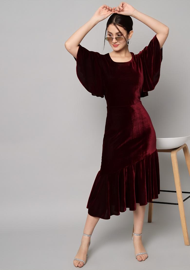 Dark Maroon Plain Velvet Dress - Indya