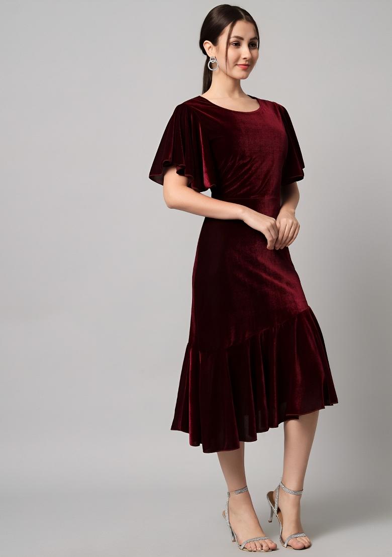 Dark Maroon Plain Velvet Dress - Indya