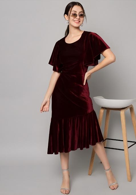 Dark Maroon Plain Velvet Dress