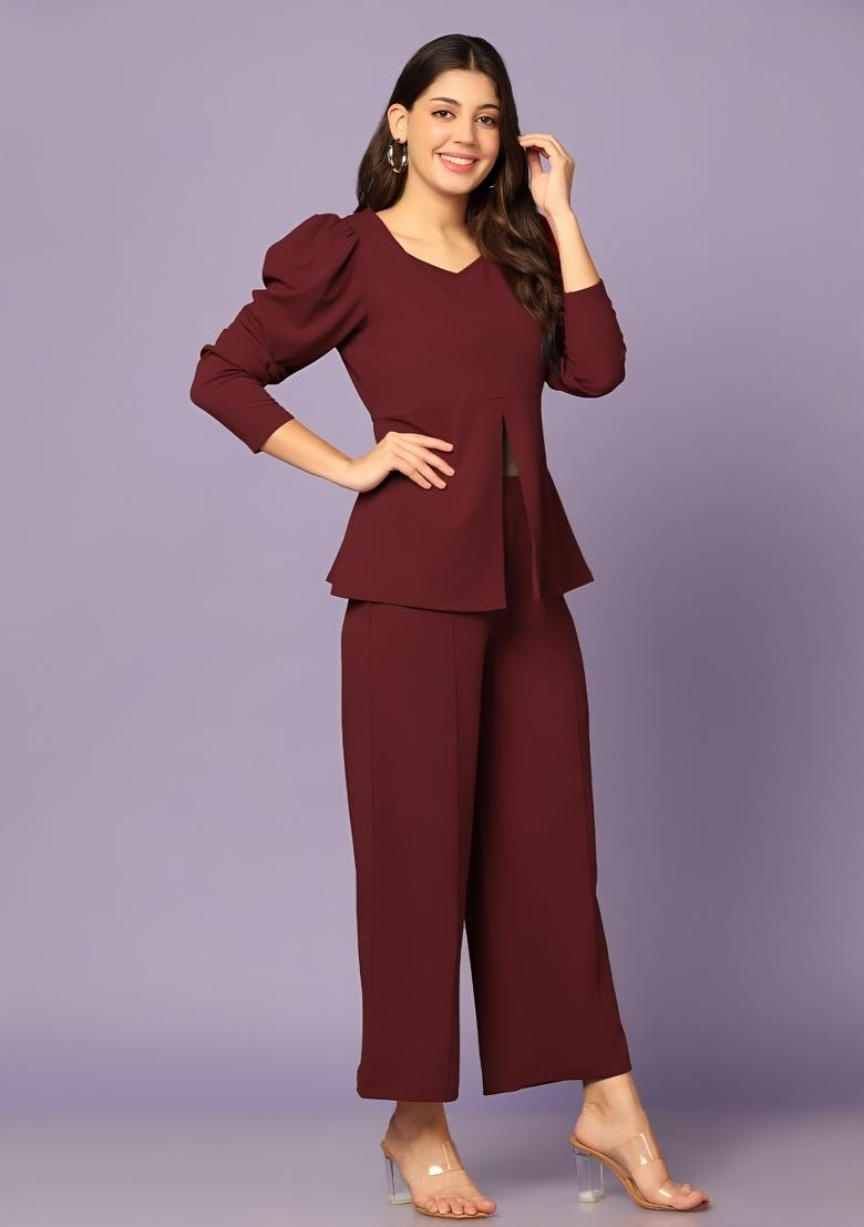 Maroon Plain Lycra Co Ord Set - Indya