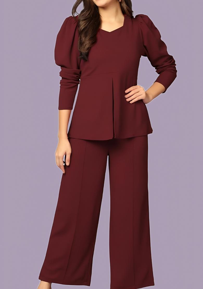 Maroon Plain Lycra Co Ord Set - Indya