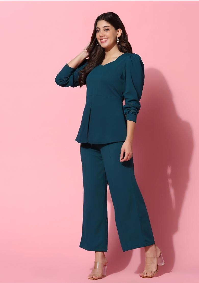 Teal Plain Lycra Co Ord Set - Indya