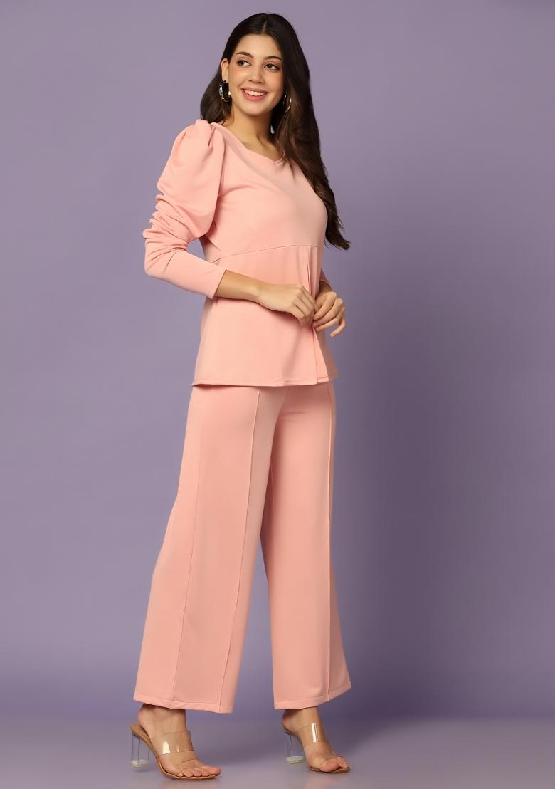 Peach Plain Lycra Co Ord Set - Indya