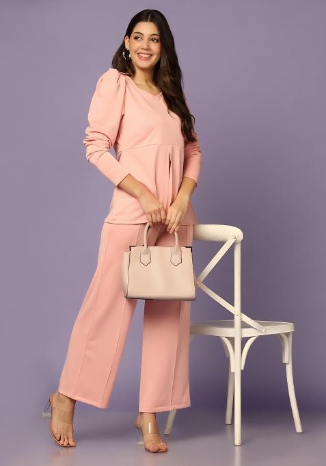 Peach Plain Lycra Co Ord Set