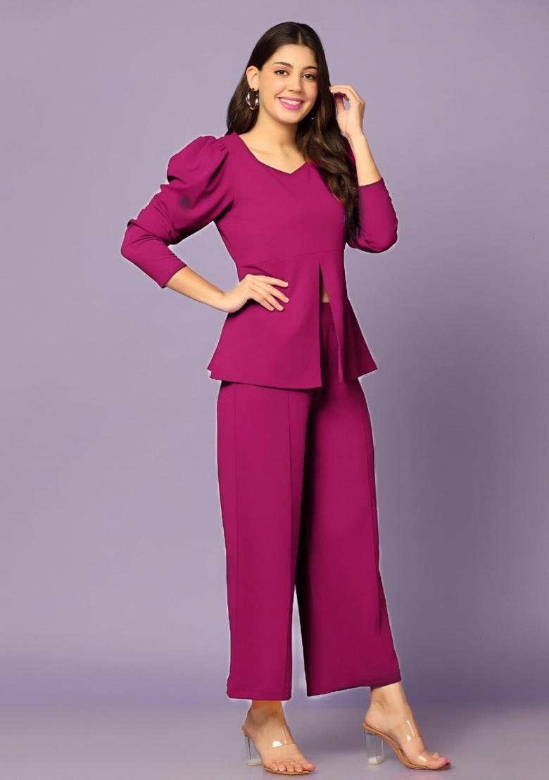 Magenta Plain Lycra Co Ord Set - Indya