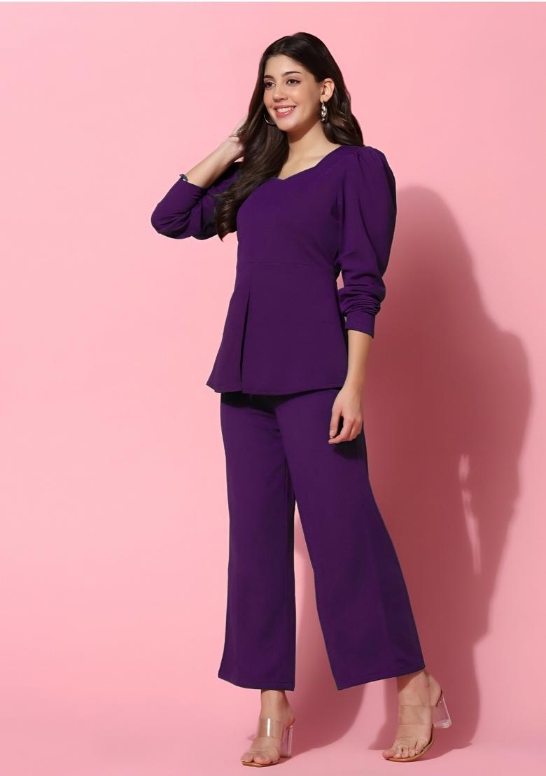 Purple Plain Lycra Co Ord Set - Indya
