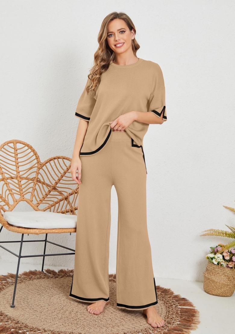 Khaki Plain Lycra Co Ord Set - Indya