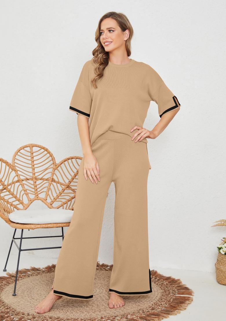 Khaki Plain Lycra Co Ord Set - Indya