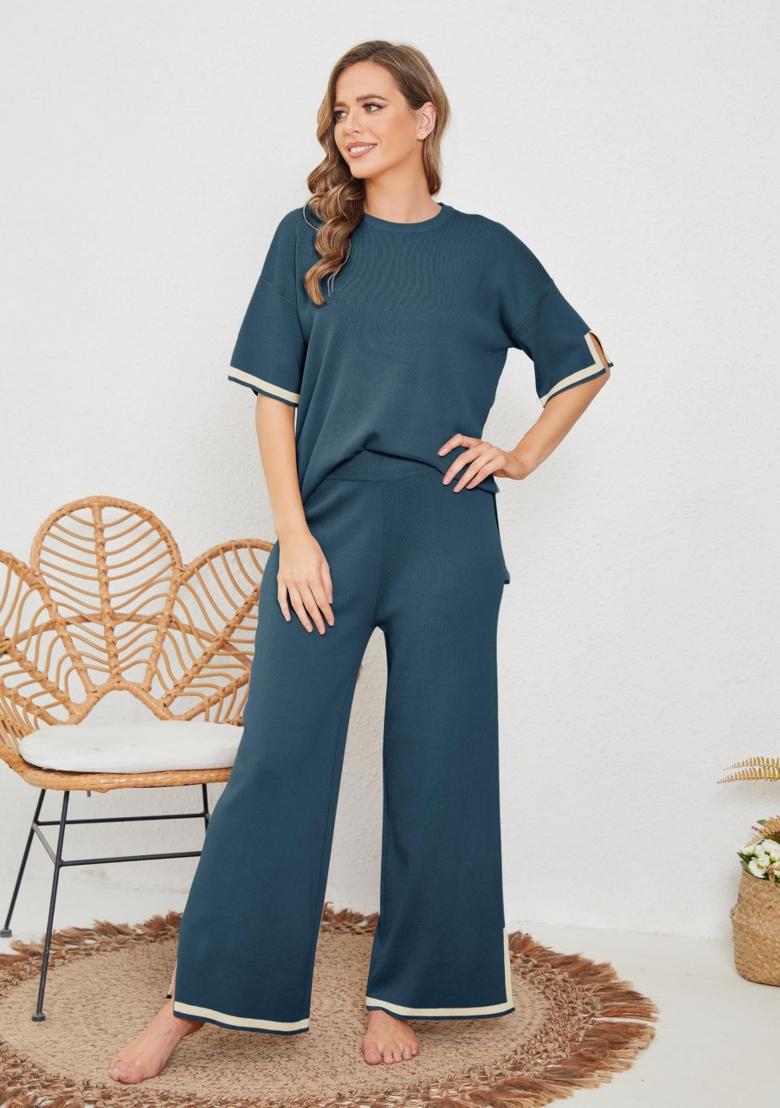 Teal Plain Lycra Co Ord Set - Indya