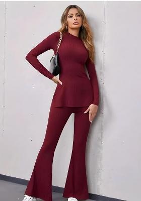 Maroon Plain Ribbed Co Ord Set