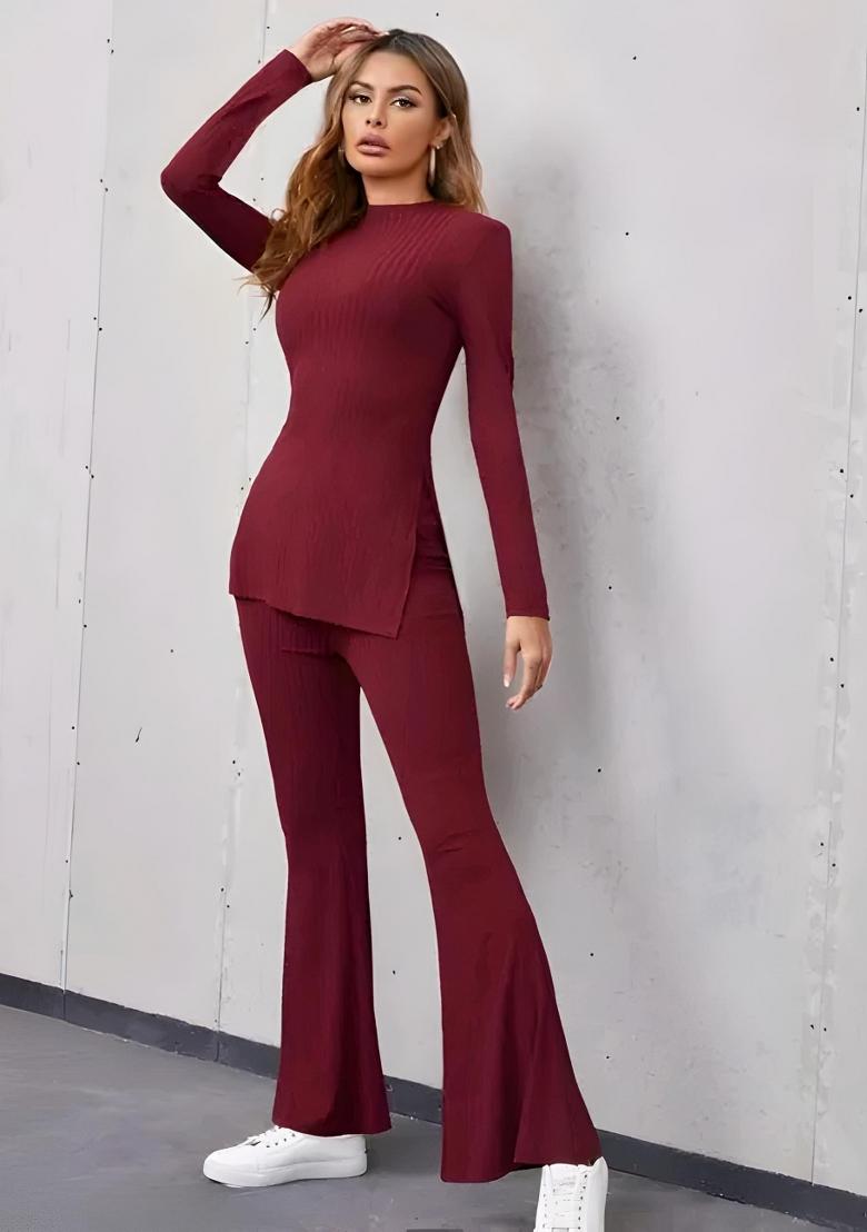 Maroon Plain Ribbed Co Ord Set - Indya