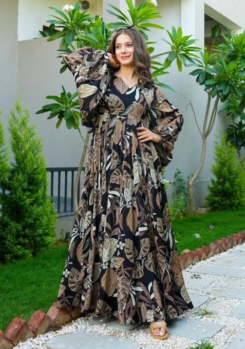Cream And Black Printed Chinon Gown