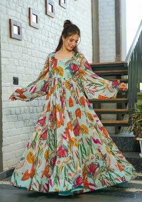 Multicolor Printed Chinon Gown