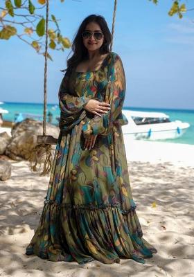 Multicolor Printed Chinon Gown