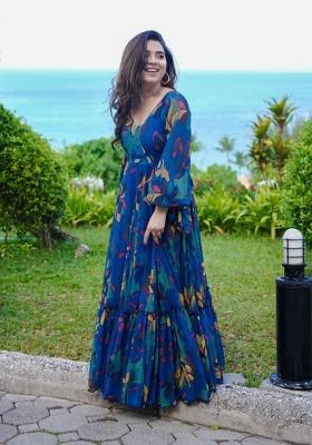 Blue Printed Chinon Gown