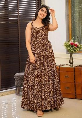 Brown Printed Rayon Gown