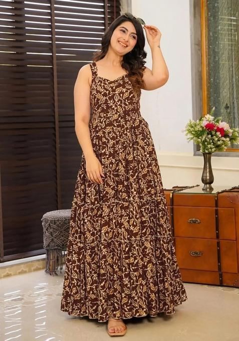 Brown Printed Rayon Gown
