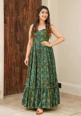 Green Printed Rayon Gown