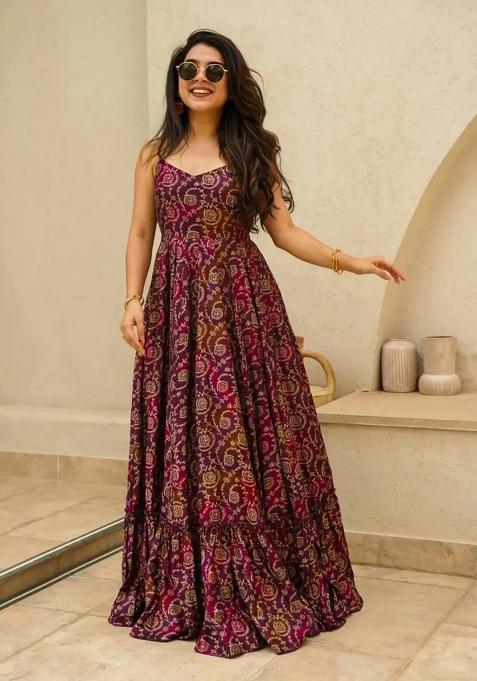 Purple Printed Rayon Gown